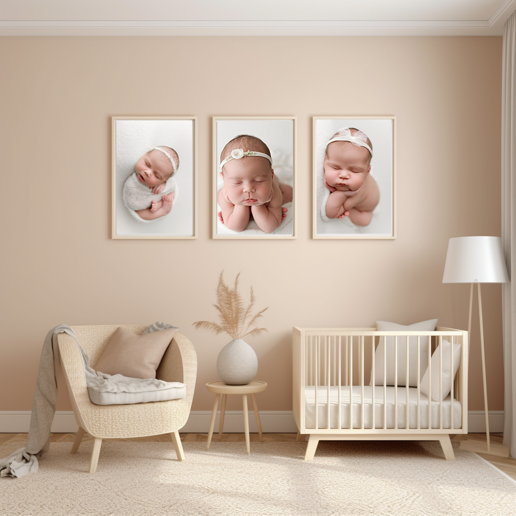 Light and Airy Neutral Nursery with displayed wall art.  